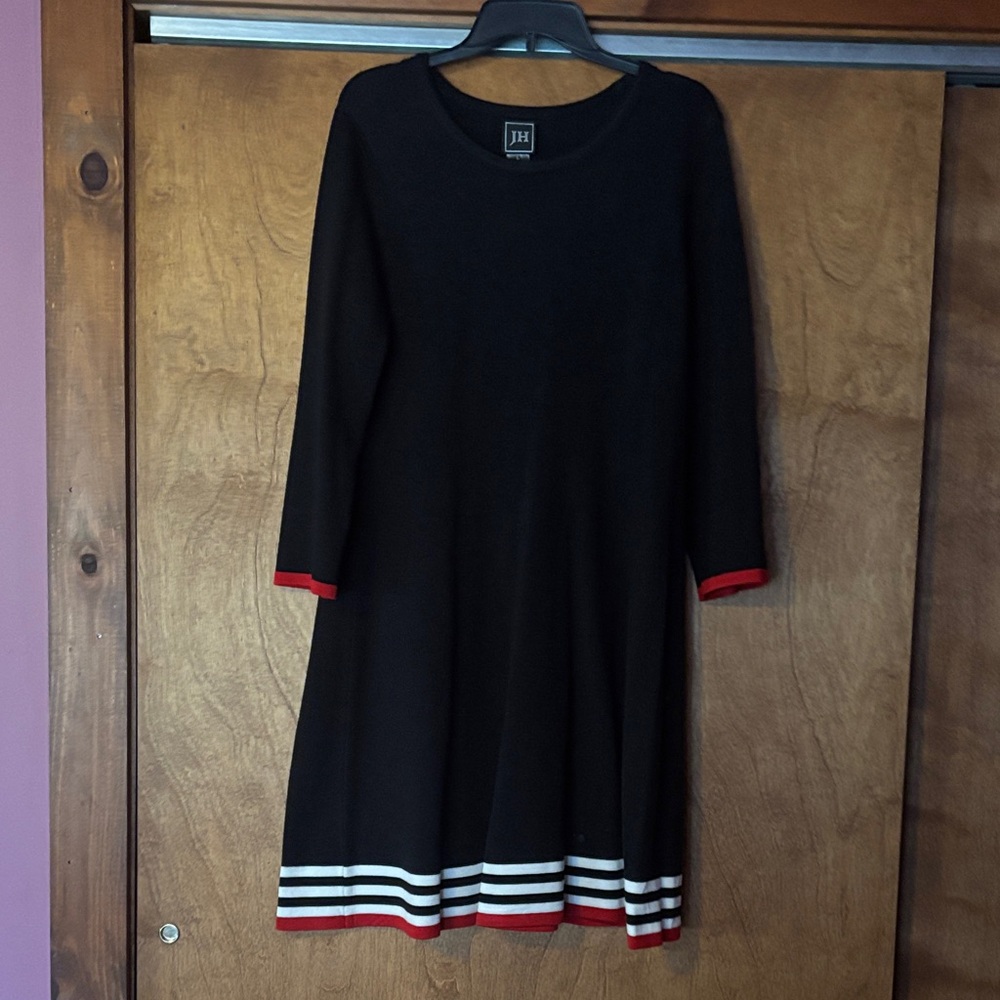 Black Knit Dress with Red and White Stripes on Sleeve and Hem